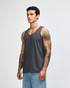 A grey unisex fine jersey tank top with a relaxed fit and branding on it.