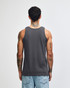 A unisex fine jersey tank top in grey, featuring a smooth finish and a simple design. It has a logo on the back.