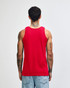 A red unisex fine jersey tank top is displayed from the back, featuring a simple design and a relaxed fit.