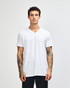 A white unisex V-neck T-shirt with short sleeves and a branded logo, displayed on a model.