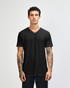 A black unisex V-neck T-shirt displayed on a model, featuring short sleeves and a logo.
