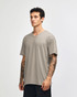 A unisex v-neck t-shirt in a light grey colour, featuring a simple design and a logo on the side.