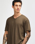 A unisex V-neck T-shirt in olive green, featuring short sleeves and a relaxed fit. It has a subtle logo.