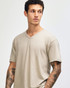 A unisex beige V-neck T-shirt with a relaxed fit, featuring a logo on the side.
