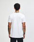 A white unisex V-neck T-shirt with short sleeves, featuring a plain back and a logo on the side.