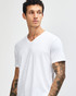 A white unisex V-neck T-shirt featuring short sleeves, displayed on a model. The shirt has a simple design with no visible logos.