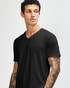 A black unisex V-neck T-shirt displayed on a model, featuring short sleeves and a simple design.
