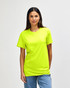 A bright neon yellow Gildan Heavy Cotton adult t-shirt on a model, featuring a simple crew neck design and short sleeves.