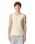 A light cream tank top displayed on a model, featuring a logo on the front.