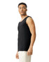 A black adult tank top displayed on a model facing sideways, featuring a logo on the fabric.