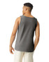 A grey adult tank top with a relaxed fit, featuring a simple design and a logo on the back.