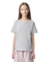 A light grey fine jersey youth t-shirt displayed on a model. The shirt has a simple design and a logo.