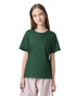 A green youth t-shirt featuring a simple design and short sleeves, with a branded label.