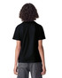 A black youth T-shirt featuring short sleeves and a round neckline, with a logo on the back.