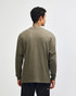 An olive green long-sleeve heavyweight T-shirt with a plain back, featuring a logo at the neckline.