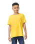 A yellow youth t-shirt displayed on a child, featuring short sleeves and a relaxed fit. It has a logo.
