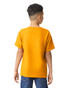 A youth t-shirt in vibrant orange, featuring a casual short-sleeve design, viewed from the back.