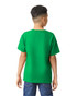 A green youth t-shirt with short sleeves, viewed from the back, worn by a child. It features a logo.