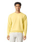 A lightweight crewneck sweatshirt in a bright yellow colour, worn by a model with curly hair. It has a logo on it.