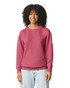 A woman is wearing a lightweight crewneck sweatshirt in a deep maroon colour. The sweatshirt has a logo.