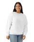 A woman wearing a white lightweight crewneck sweatshirt, smiling while standing casually. The sweatshirt has a logo.