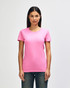 A pink Gildan Heavy Cotton Ladies' T-Shirt displayed on a model, featuring a round neck and short sleeves.