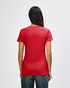A red Gildan Heavy Cotton ladies' T-shirt displayed from the back, featuring a fitted style and short sleeves.