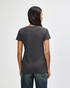 A grey ladies' t-shirt is displayed from the back, featuring short sleeves and a fitted design. It has a logo on the back.