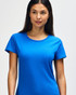 A blue ladies' t-shirt in a relaxed fit, featuring short sleeves and a round neckline. It has a logo.