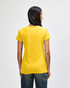 A yellow Gildan Heavy Cotton Ladies' T-Shirt is displayed from the back, featuring short sleeves and a straight cut.