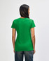 A green Gildan Heavy Cotton ladies' T-shirt, viewed from the back, with short sleeves and a simple design.
