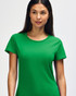 A green ladies' T-shirt made from heavy cotton, featuring short sleeves and a round neckline. It has a branding logo.