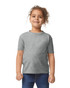 A grey toddler T-shirt featuring short sleeves and a simple design, with a logo on the front.