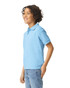 A light blue youth polo shirt displayed on a smiling child, showcasing its collar and short sleeves.