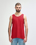 A red Gildan Heavy Cotton adult tank top displayed on a model, featuring a logo on the garment.
