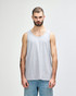 A grey adult tank top with a round neckline and a logo on the front, styled on a male model.