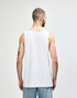 A white Gildan Heavy Cotton adult tank top, viewed from the back, featuring a plain design and a slightly loose fit.