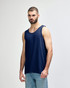 A navy blue Gildan Heavy Cotton adult tank top with wide shoulder straps, displayed on a male model.