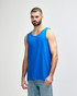 A blue Gildan Heavy Cotton adult tank top displayed on a model, featuring a classic sleeveless design and a logo.