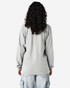 A long sleeve grey t-shirt with a back view, featuring a logo on the upper back.
