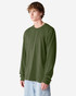 A long sleeve t-shirt in olive green, featuring a round neck and a logo. The model stands against a white backdrop.