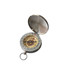 A metallic silver compass with a hinged lid, featuring a detailed compass face and a keychain attachment.