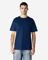 A navy blue Gildan Softstyle adult enzyme wash t-shirt displayed on a model, featuring a round neck and short sleeves.