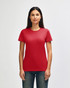 A red ladies' T-shirt with short sleeves, displayed on a model against a neutral background. The shirt features a logo.