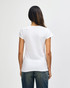 A white ladies' t-shirt with short sleeves, featuring a fitted design and a subtle logo.