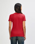 A red Gildan Softstyle ladies' t-shirt, viewed from the back, with a fitted design and short sleeves.
