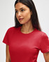 A red Gildan Softstyle ladies' t-shirt displayed on a model with a plain background. It features a logo on the shirt.