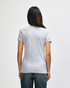 A grey ladies' t-shirt with short sleeves, featuring a design on the back and a fitted shape.