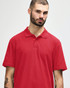 A red adult polo shirt with a collar and three-button placket, featuring a logo on the chest.