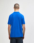 A blue Gildan Softstyle adult double pique polo shirt, featuring a logo on the back.